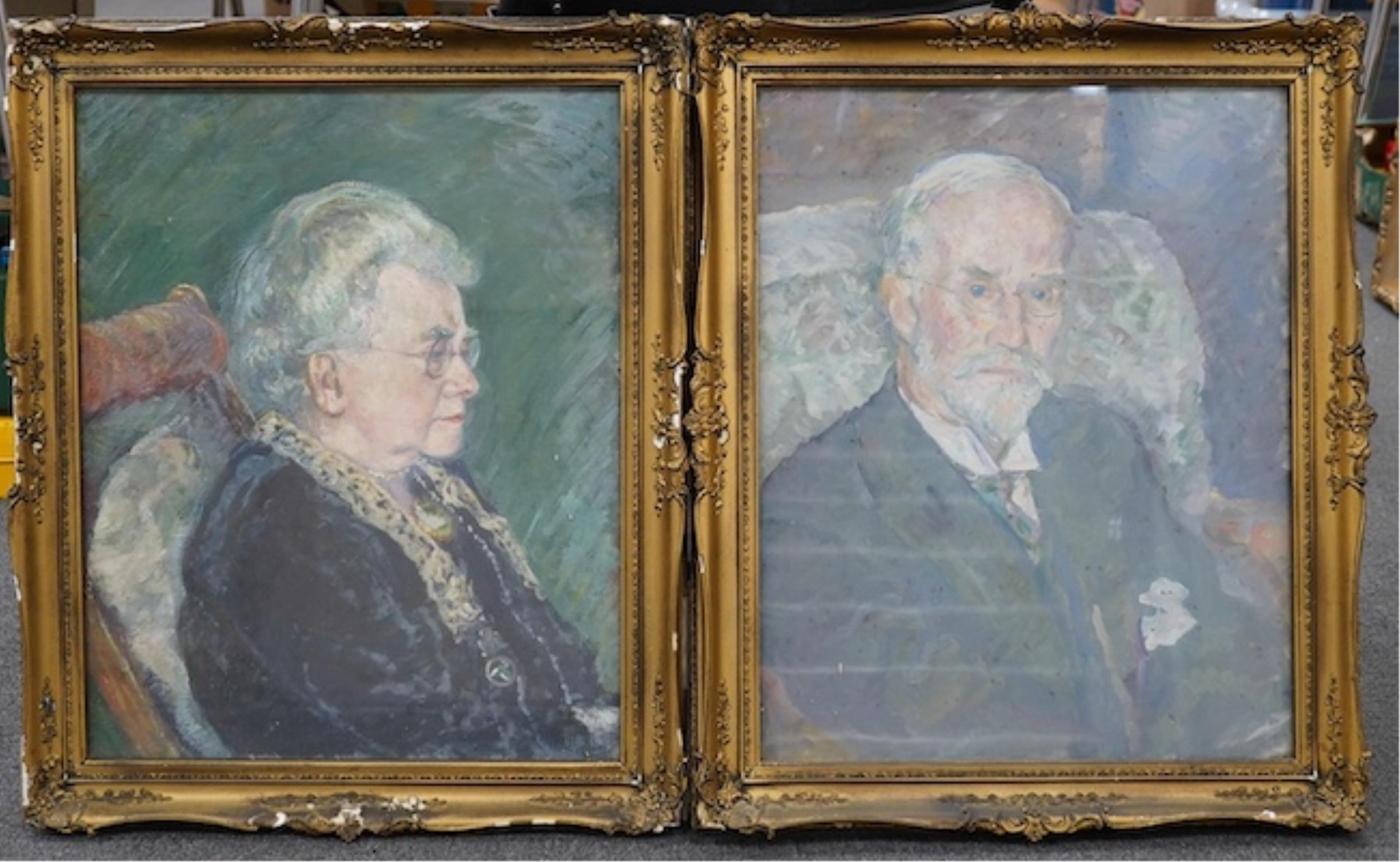 Robert Richmond Campbell (1902-1972), pair of oils on canvas, Portraits of Mr and Mrs Sproat, 50 x 40cm, gilt framed. Condition - fair, losses to the frames